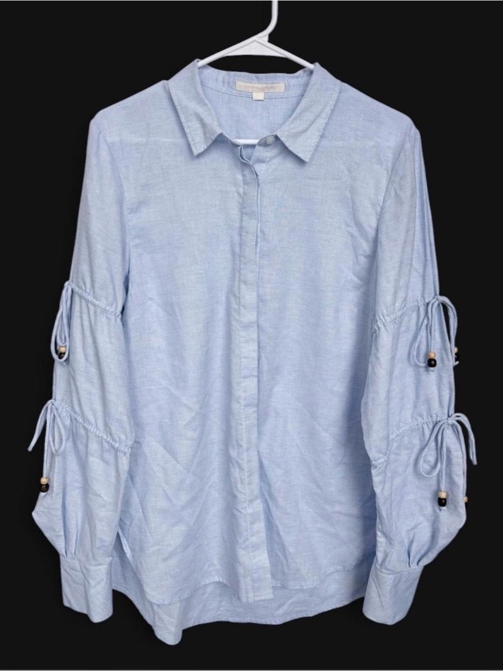 Jonathan Simkhai Cotton Oxford Ruched Tie Sleeve Button Down Shirt Large Beaded